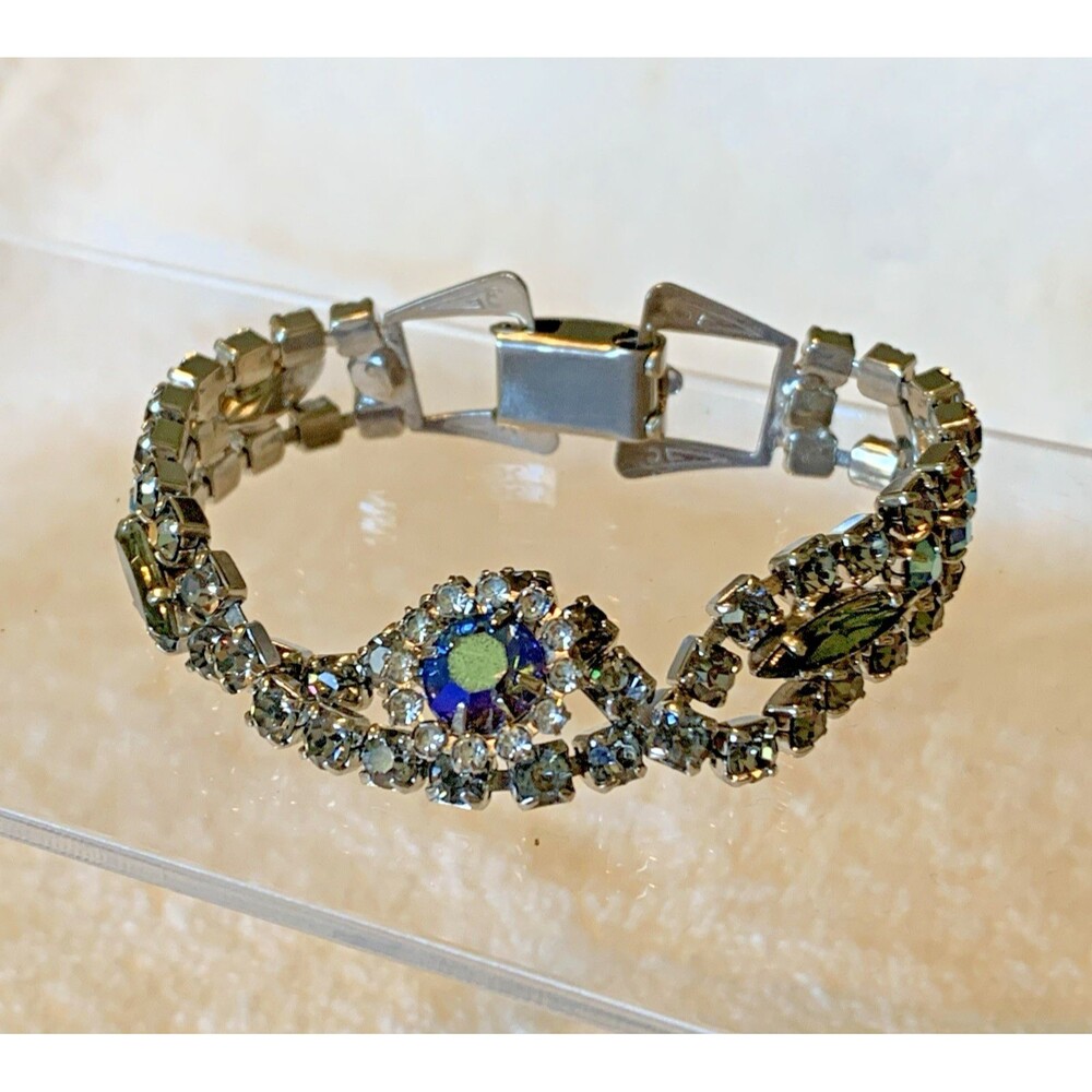 Vintage Blue Aurora Borealis Rhinestone Bracelet Silver Tone Art Deco Style 7”